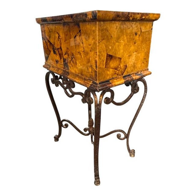 Metal Vintage Tessellated Burl Wood Table on Wrought Iron Base For Sale - Image 7 of 8