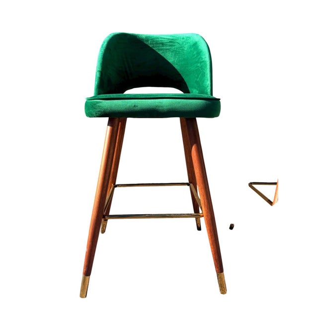 Set of 4 Mid-Century Barstools | Green Velvet Brass Accent Bar Stools For Sale - Image 4 of 7