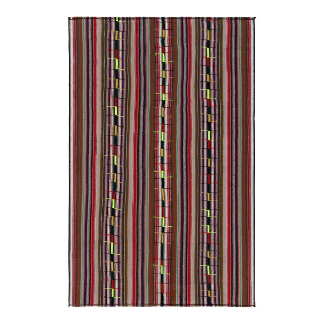 1950s Vintage Chaput Kilim Rug in Red and Brown, Multicolor Stripe Patterns For Sale