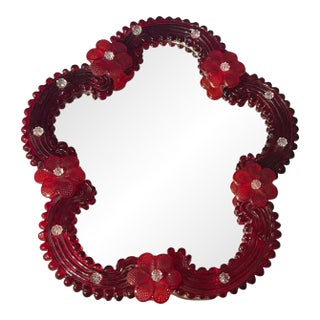 Vintage Red Floral Venetian Murano Glass Table Mirror For Sale
