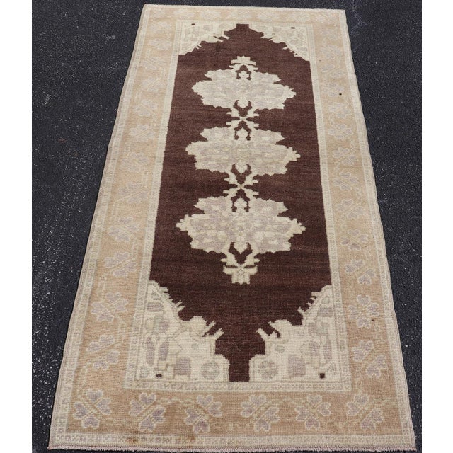 Brown Background Vintage Turkish Oushak Runner With Medallions in Cream & Ivory For Sale - Image 10 of 12