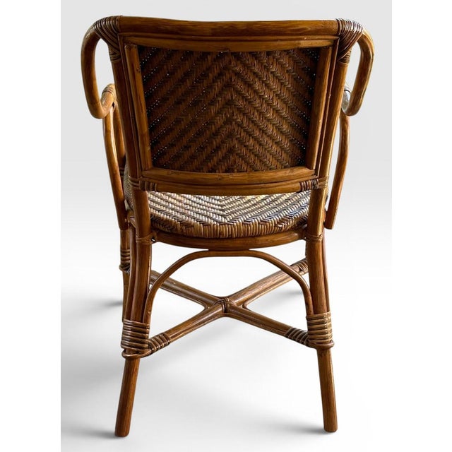 Late 20th Century Vintage French Style Bistro Bamboo and Rattan Dining Set Round Glass Top Table and Four Armchairs 5 Pieces For Sale - Image 5 of 16