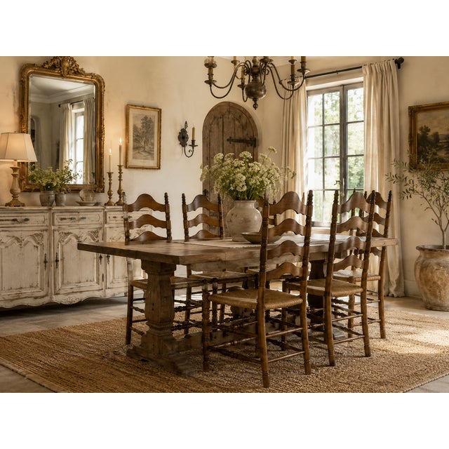 Beautiful set of four chairs featuring tall ladder backs warm brown wood. Each chair is giving the set a distinctive Old...