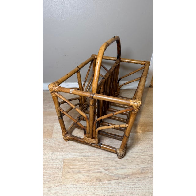 Mid-Century Modern Vintage MCM Burnt Bamboo Magazine Rack Twin Compartment Boho Tiki Accent Stand For Sale - Image 3 of 10