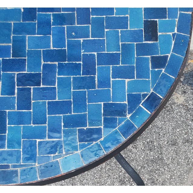 32" Moroccan Round Mosaic Table, Blue Petrol Bejmat Style / Squares For Sale - Image 4 of 5