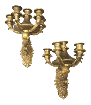 Period Gilt Brass Empire Five Light Wall Sconces - a Pair