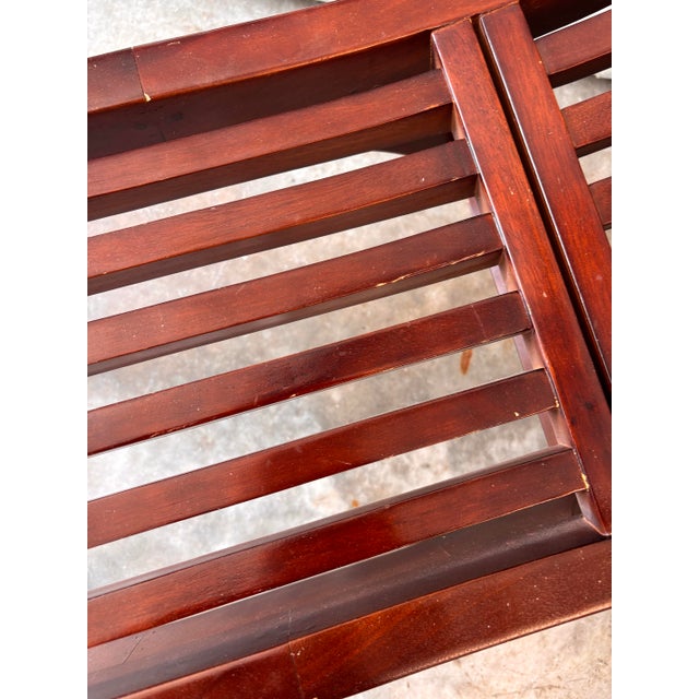 Vintage Wood Slatted Mission-Style Curved Asian Benches With Rosewood Finish, a Pair For Sale - Image 6 of 8