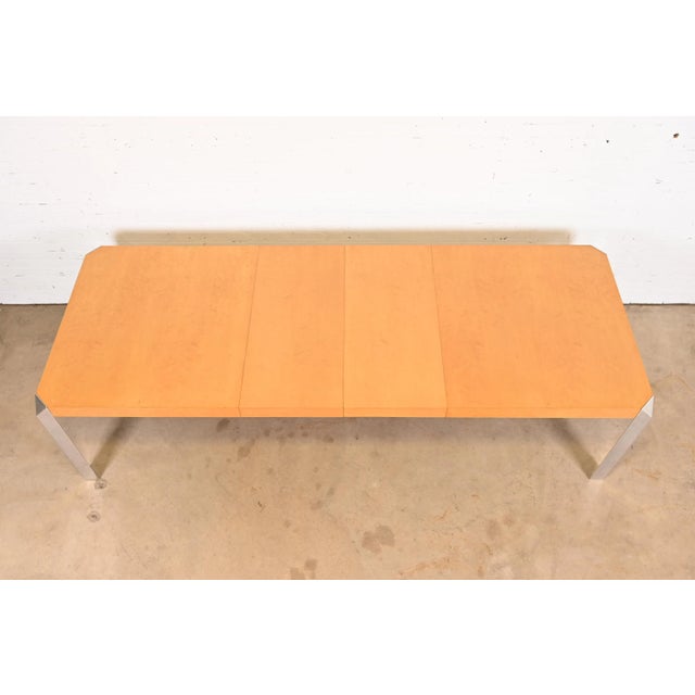 Baker Furniture Mid-Century Modern Birdseye Maple and Chrome Extension Dining Table, Newly Refinished For Sale In South Bend - Image 6 of 13