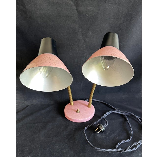 1950s 1950s Mid-Century Modern Dual Gooseneck Desk Lamp; Pink and Black Metal Cones For Sale - Image 5 of 14