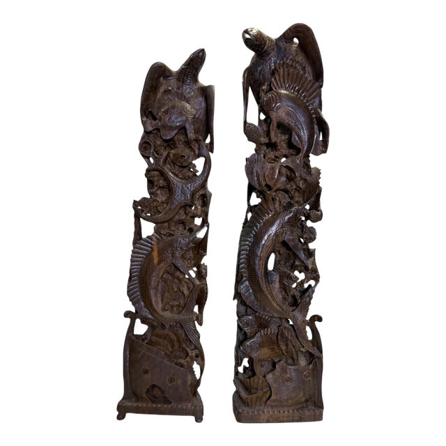 Mid 20th Century Pair of Monumental Mid-Century Guayacan Wood Sea Life Totem Sculptures - 35.5" & 38" For Sale