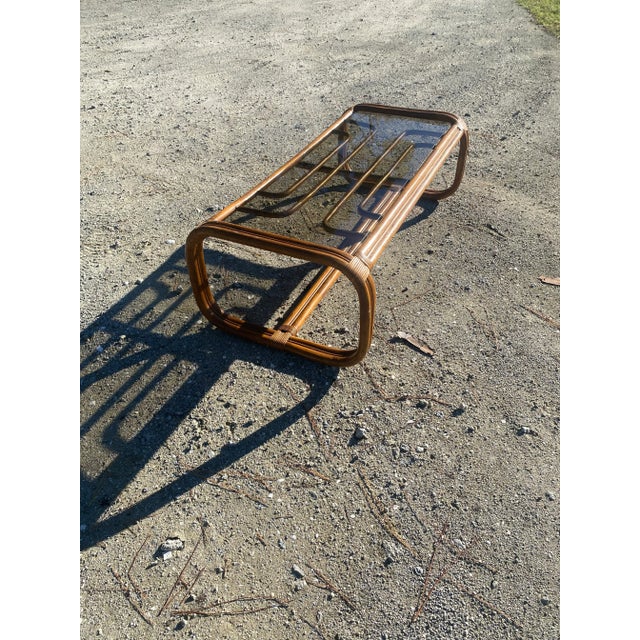 1970s Vintage Boho Coastal Rectangular Brown Rattan Coffee Table For Sale - Image 5 of 13