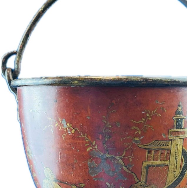 Antique Chinese Red Lacquered Metal Bucket For Sale - Image 4 of 4