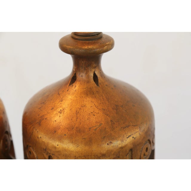 1960s Gorgeous Golden Mid-Century Brutalist Cut-Out Large Ceramic Table Lamps - A Pair For Sale - Image 12 of 17