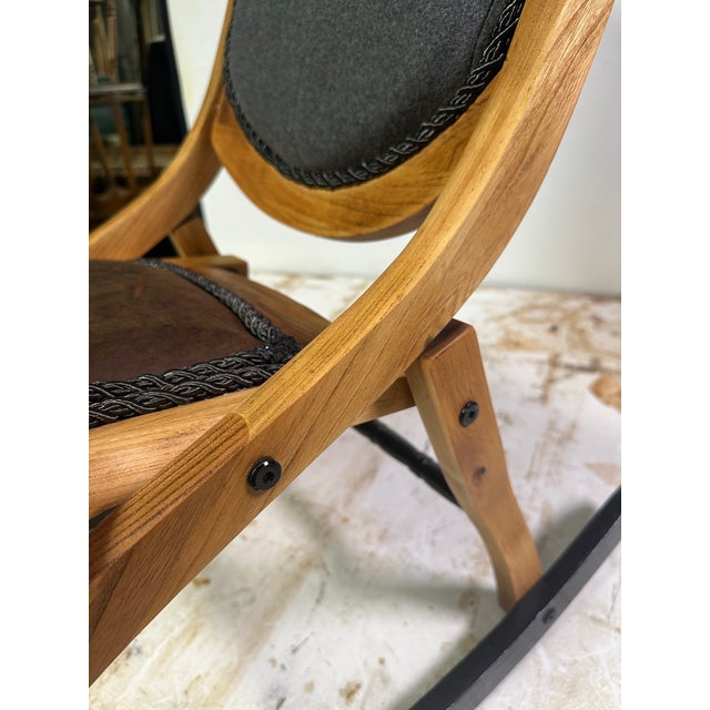 Mid 20th Century Vintage-Style Folding Rocking Chair — Solid Wood, Genuine Leather Accent Chair For Sale - Image 5 of 7