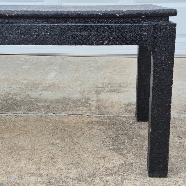 Mid-20th Century Asian Ming Style Rectangular Black Lacquered Grasscloth Coffee Table (48x24") For Sale In Washington DC - Image 6 of 15