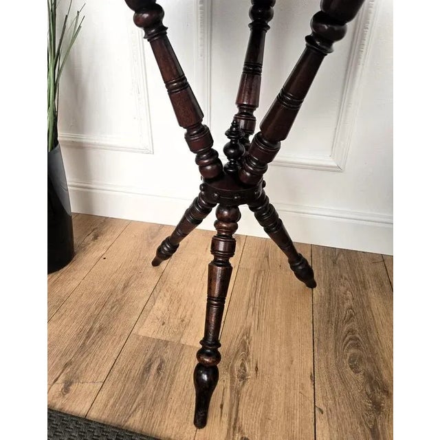 Antique Italian Round Walnut Tripod Side Table with Carved Bun Stretcher, 1890s For Sale - Image 9 of 10