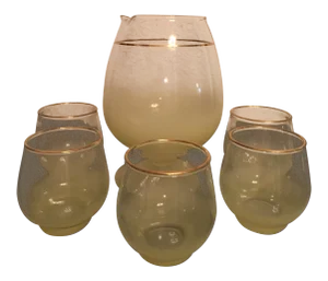 1950s Pale Yellow Frosted Lemonade Pitcher & Glasses - Set of 6