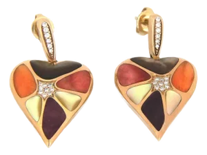 Kabana Diamond Spiny Oyster MOP Gems 14k Yellow Gold Heart Dangle Earrings, 2 Pieces