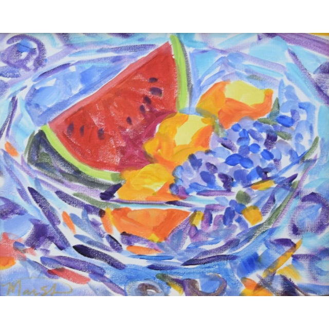 Abstract Post-Impressionist Bowl of Colorful Fruit Painting Including the Antiqued Gold Wood Frame For Sale - Image 3 of 5