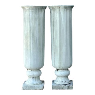 Vintage Tall Fluted Plaster Covered Resin Urns - A Pair For Sale