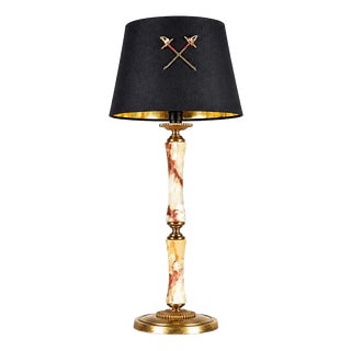 Onyx and Brass Column Table Lamp with Black Shade, 1950s For Sale