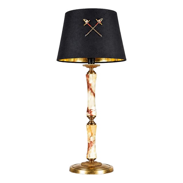 Onyx and Brass Column Table Lamp with Black Shade, 1950s For Sale