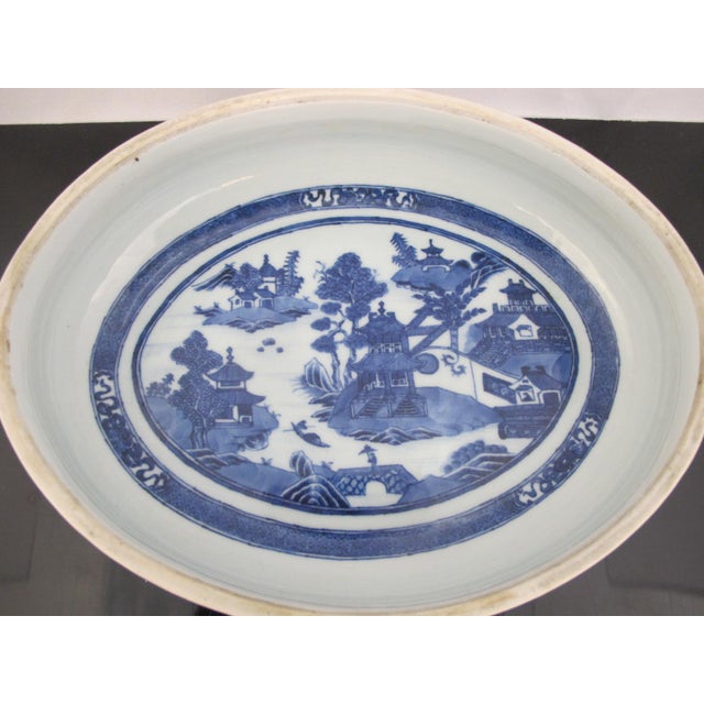 Chinese Export Canton Blue Nanking Village Armorial Porcelain Serving Bowl For Sale - Image 11 of 14
