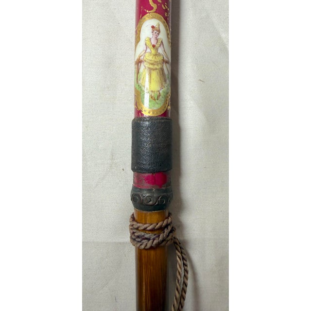 Antique 1800's Victorian Yellow Gold Filled Wood Porcelain Walking Stick Cane For Sale - Image 11 of 17