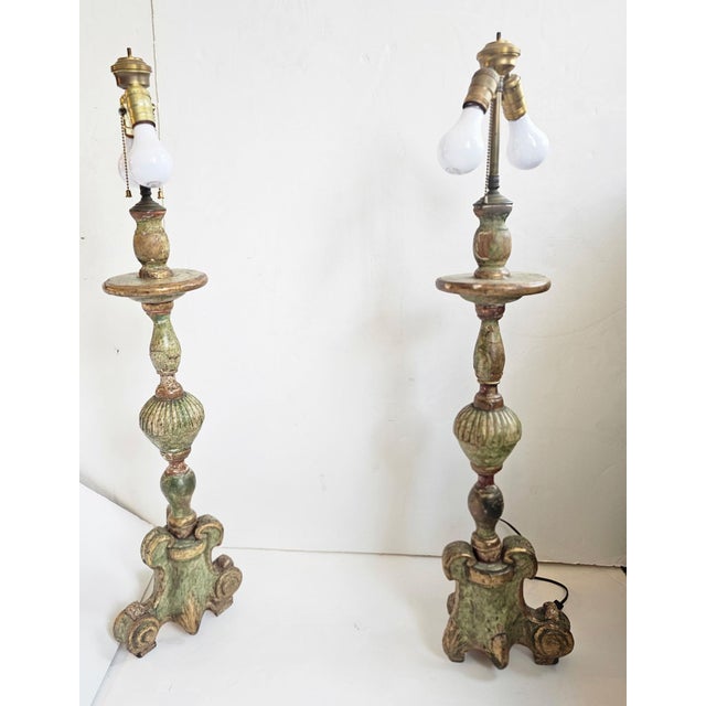 Mid 19th Century Large Antique Celadon Green & Gilded Candlestick Table Lamps -a Pair For Sale - Image 5 of 13