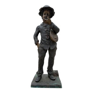 Vintage 47" Grand-Scale Bronze Statue of a Young Boy Musician – Hollow-Cast Garden & Estate Sculpture For Sale