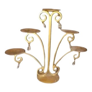 1930s Candelabrum Spanish Revival Wrought Iron 5 Arm Gold Tone Scrollwork VTG Heavy Dinner Table Candelabra Candleholder / Chandelier For Sale