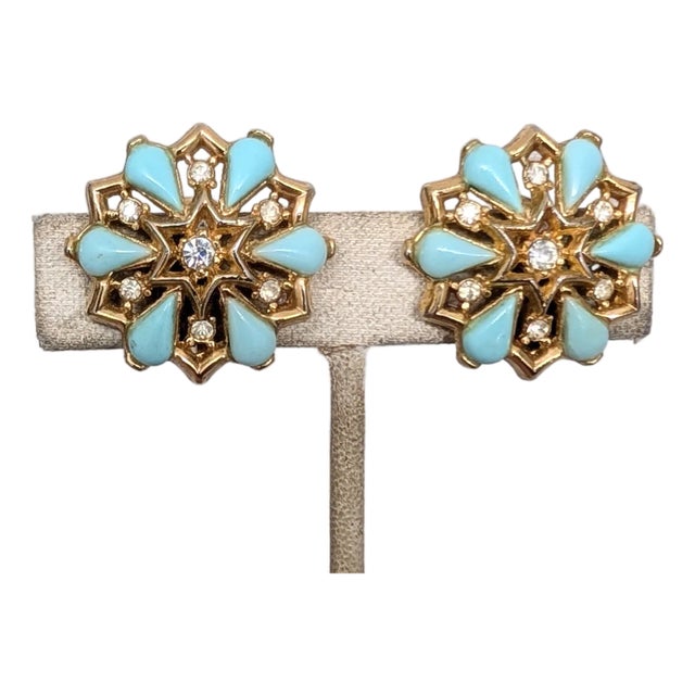 Vintage 1950s Signed Trifari Faux-Turquoise & Clear Rhinestone Clip Earrings-2 Pieces For Sale