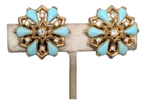 Vintage 1950s Signed Trifari Faux-Turquoise & Clear Rhinestone Clip Earrings-2 Pieces