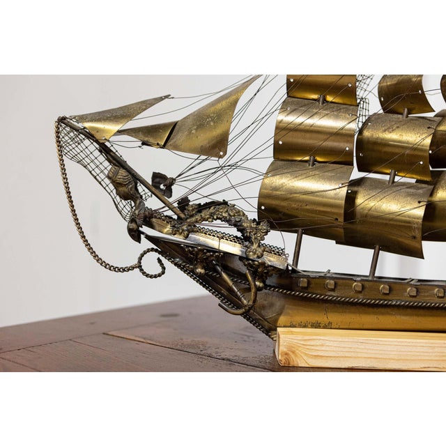 Mid 20th Century Mid 20th Century Venetian Brass Four-Masted Model Ship with Detailed Décor, Mounted on Base For Sale - Image 5 of 9