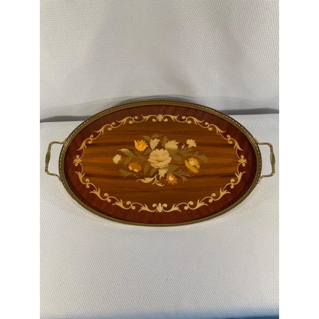 Chestnut 1950-60s Italian Oval Marquetry Gallery Serving Tray For Sale - Image 8 of 12