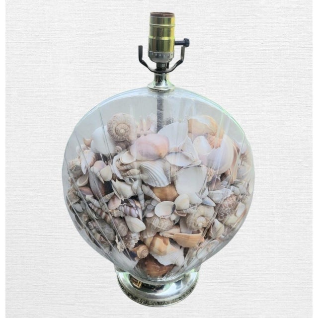 1980s Vintage Glass Clam Shell Shape Filled With Seashells Coastal Table Lamps- A Pair For Sale - Image 5 of 8