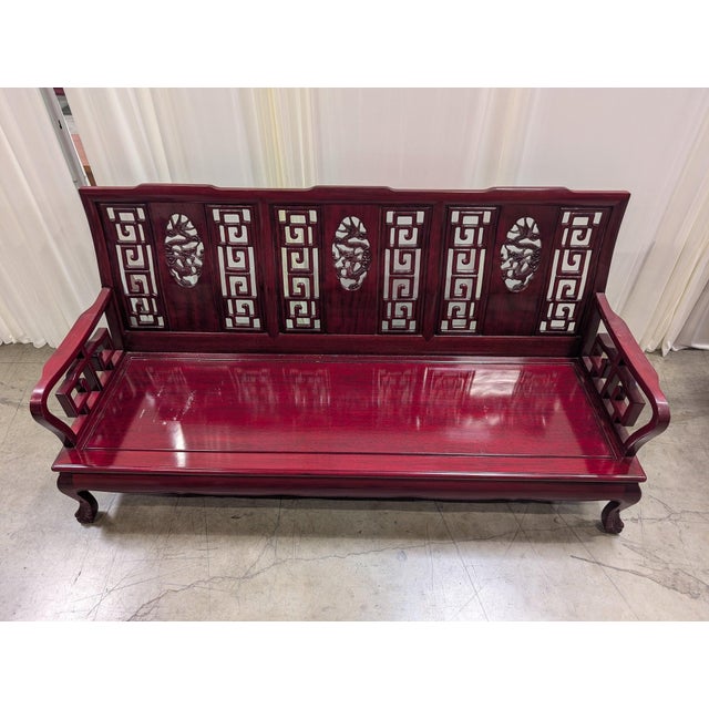 Red Vintage Chinese Rosewood Three-Seat Sofa With Hand-Carved Dragon Medallions and Red Silk Cushion For Sale - Image 8 of 11