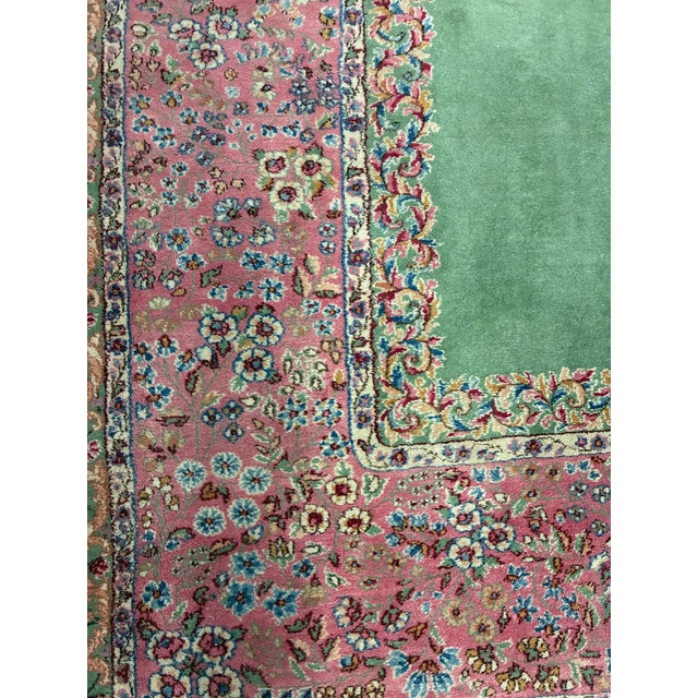 Textile Vintage Persian Kerman Hand-Knotted Wool Rug in Green and Rose For Sale - Image 7 of 12