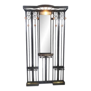 1930s Silvery Steel Hammered Iron, Illuminated Art Deco Hall Tree/Coat Rack With Console For Sale