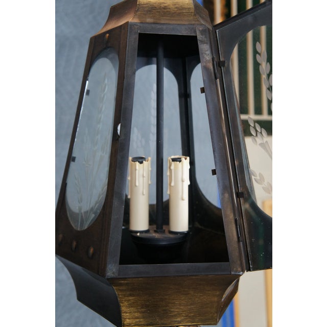 Vintage Brass Etched Glass Swag Pendant Light For Sale - Image 6 of 12