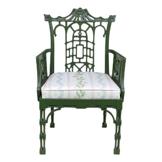 Green Lacquered Chinese Chippendale Pagoda Back Armchair For Sale