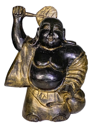 Carved Wooden Sculpture Depicting Happy Buddha with Fan, Mid-20th Century