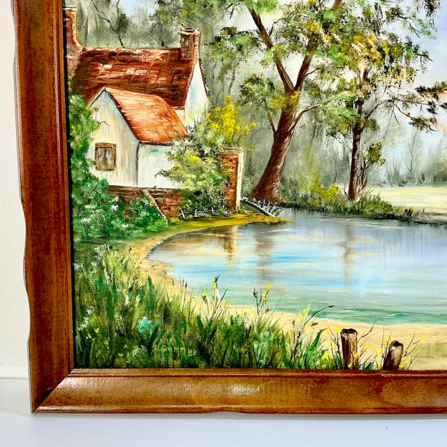 Wood 1983 Vintage Impressionist Boho Chic Original Oil Painting, Lake House by Donna Semm For Sale - Image 7 of 14