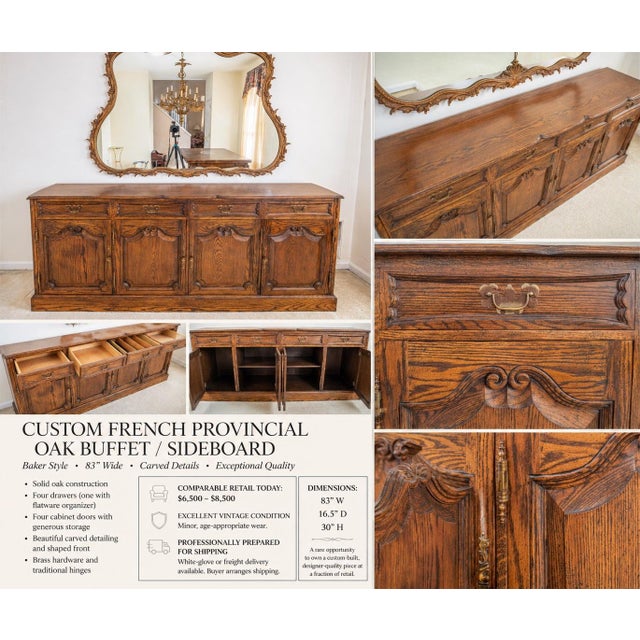 Custom French Provincial Style Oak Buffet / Sideboard – Baker Style, Carved Details, 83” For Sale In New York - Image 6 of 6