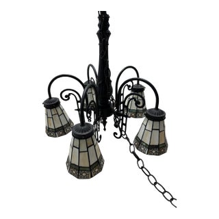 Vintage Arts & Crafts Tiffany Style Stained Glass 5 Arm Chandelier For Sale