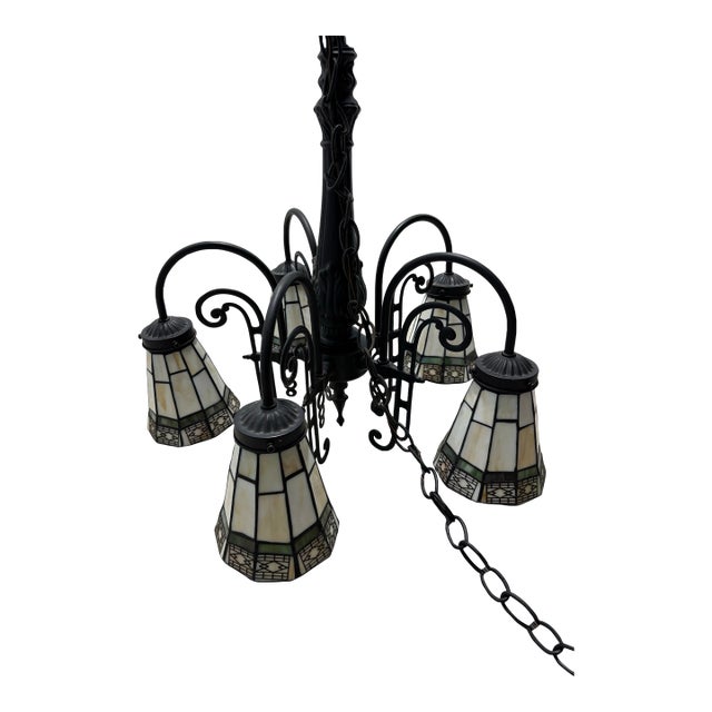 Vintage Arts & Crafts Tiffany Style Stained Glass 5 Arm Chandelier For Sale