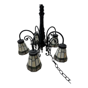 Vintage Arts & Crafts Tiffany Style Stained Glass 5 Arm Chandelier