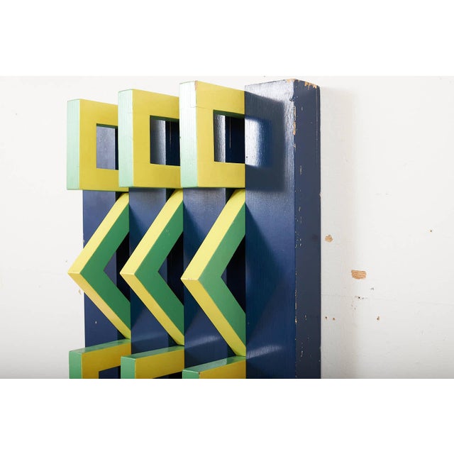 Wooden Wall Relief with Beams Painted Blue & Geometric Central Parts Painted Green/Yellow, 1950s For Sale - Image 6 of 14