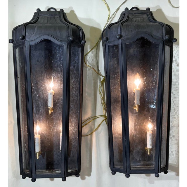 Contemporary Large Exceptional Pair of Hand-Forged Iron Wall Lanterns Architectural Sconces For Sale - Image 3 of 17
