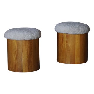 Scandinavian Modern Wooden Stools with Lambswool Seats, 1970s, Set of 2 For Sale